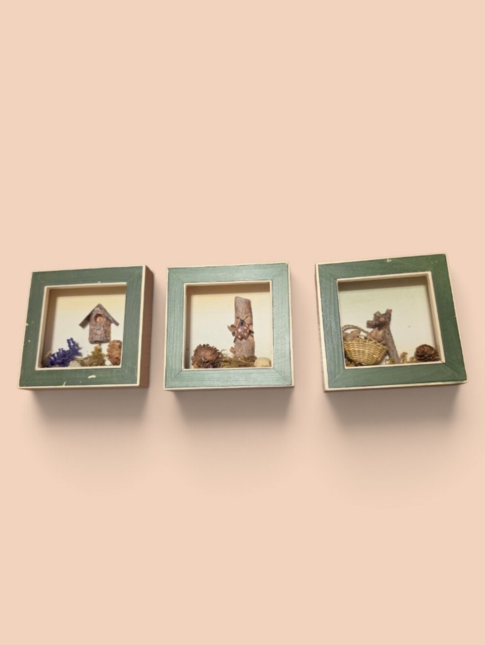 Vintage Woodland Animal Shadow Box Wall Art Set of 3 Mouse Hedgehog Bird